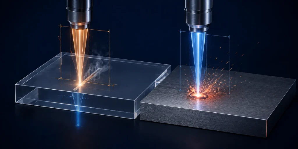 مقایسهٔ رفتار پرتو لیزر فایبر و CO₂ روی ورق فلز و ورق پلکسی